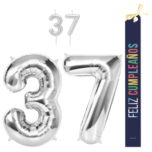 OH YEAH Dekorationsset zum 37. Geburtstag, silberfarben, Folienballons, 100 cm + Kerzen + Band zum Geburtstag – Party 18 20 30 40 50 60 70 80 90 Jahre – Mann und Frau – geeignet für Helio OH YEAH Dekorationsset zum 37. Geburtstag, silberfarben, Folienballons, 100 cm + Kerzen + Band zum Geburtstag – Party 18 20 30 40 50 60 70 80 90 Jahre – Mann und Frau – geeignet für Helio von OH YEAH