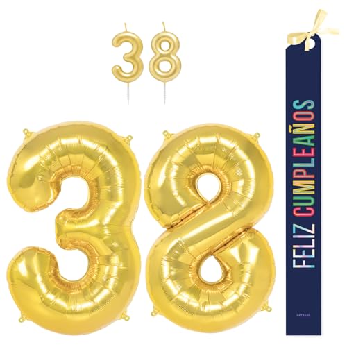 OH YEAH Dekorationsset zum 38. Geburtstag, goldfarben, Folienballons, 100 cm + Kerzen + Band zum Geburtstag – Party 18 20 30 40 50 60 70 80 90 Jahre – Mann und Frau – geeignet für Helio OH YEAH Dekorationsset zum 38. Geburtstag, goldfarben, Folienballons, 100 cm + Kerzen + Band zum Geburtstag – Party 18 20 30 40 50 60 70 80 90 Jahre – Mann und Frau – geeignet für Helio von OH YEAH