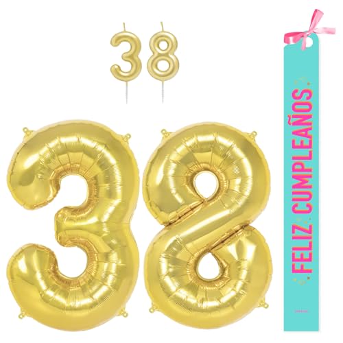 OH YEAH Dekorationsset zum 38. Geburtstag, goldfarben, Folienballons, 100 cm + Kerzen + Band zum Geburtstag – Party 18 20 30 40 50 60 70 80 90 Jahre – Mann und Frau – geeignet für Helio OH YEAH Dekorationsset zum 38. Geburtstag, goldfarben, Folienballons, 100 cm + Kerzen + Band zum Geburtstag – Party 18 20 30 40 50 60 70 80 90 Jahre – Mann und Frau – geeignet für Helio von OH YEAH