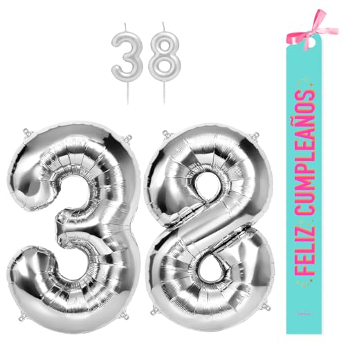 OH YEAH Dekorationsset zum 38. Geburtstag, silberfarben, Folienballons, 100 cm + Kerzen + Band zum Geburtstag – Party 18 20 30 40 50 60 70 80 90 Jahre – Mann und Frau – geeignet für Helio OH YEAH Dekorationsset zum 38. Geburtstag, silberfarben, Folienballons, 100 cm + Kerzen + Band zum Geburtstag – Party 18 20 30 40 50 60 70 80 90 Jahre – Mann und Frau – geeignet für Helio von OH YEAH