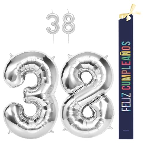 OH YEAH Dekorationsset zum 38. Geburtstag, silberfarben, Folienballons, 100 cm + Kerzen + Band zum Geburtstag – Party 18 20 30 40 50 60 70 80 90 Jahre – Mann und Frau – geeignet für Helio OH YEAH Dekorationsset zum 38. Geburtstag, silberfarben, Folienballons, 100 cm + Kerzen + Band zum Geburtstag – Party 18 20 30 40 50 60 70 80 90 Jahre – Mann und Frau – geeignet für Helio von OH YEAH
