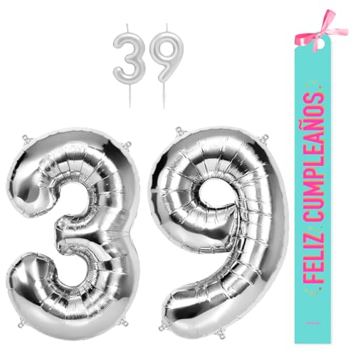 OH YEAH Dekorationsset zum 39. Geburtstag, silberfarben, Folienballons, 100 cm + Kerzen + Band zum Geburtstag – Party 18 20 30 40 50 60 70 80 90 Jahre – Mann und Frau – geeignet für Helio OH YEAH Dekorationsset zum 39. Geburtstag, silberfarben, Folienballons, 100 cm + Kerzen + Band zum Geburtstag – Party 18 20 30 40 50 60 70 80 90 Jahre – Mann und Frau – geeignet für Helio von OH YEAH