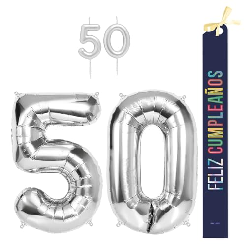OH YEAH Dekorationsset zum 50. Geburtstag, silberfarben, Folienballons, 100 cm + Kerzen + Band zum Geburtstag – Party 18 20 30 40 50 60 70 80 90 Jahre – Mann und Frau – geeignet für Helio OH YEAH Dekorationsset zum 50. Geburtstag, silberfarben, Folienballons, 100 cm + Kerzen + Band zum Geburtstag – Party 18 20 30 40 50 60 70 80 90 Jahre – Mann und Frau – geeignet für Helio von OH YEAH