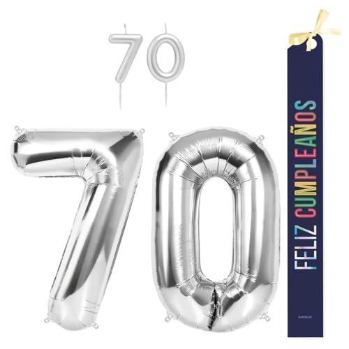 OH YEAH Dekorationsset zum 70. Geburtstag, silberfarben, Folienballons, 100 cm + Kerzen + Band zum Geburtstag – Party 18 20 30 40 50 60 70 80 90 Jahre – Mann und Frau – geeignet für Helio OH YEAH Dekorationsset zum 70. Geburtstag, silberfarben, Folienballons, 100 cm + Kerzen + Band zum Geburtstag – Party 18 20 30 40 50 60 70 80 90 Jahre – Mann und Frau – geeignet für Helio von OH YEAH