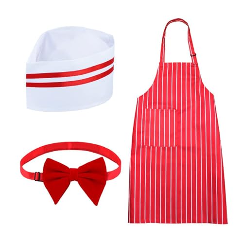 3Pcs 1950Er Jahre Kellner Kostüm Kit Rot Und Weiß Gestreift Schürze Chef Hut Fliege Karneval Cosplay Party Outfit von OHEETU