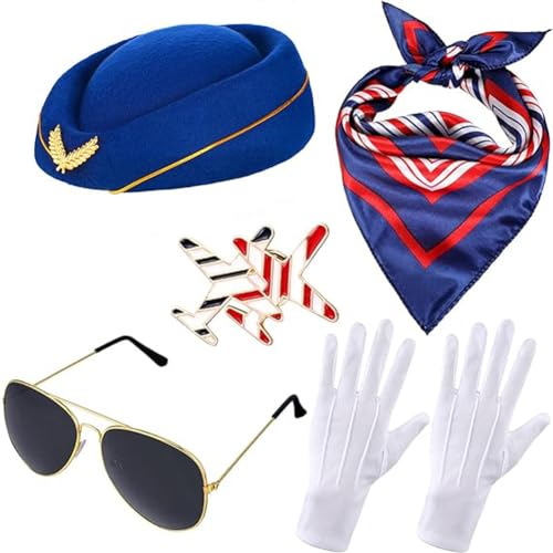 5 Stück Blau Airline Stewardess Kostüm Zubehör Set Cosplay Outfit Flug Hut Sonnenbrille Schal Handschuhe Broschen für Party Cosplay 5 Stück Blau Airline Stewardess Kostüm Zubehör Set Cosplay Outfit Flug Hut Sonnenbrille Schal Handschuhe Broschen für Party Cosplay von OHEETU