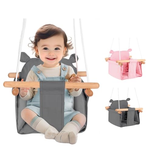 Babyschaukel Kinderschaukel mit Sicherheitsgurt, Karabiner aus Edelstahl, weiches Kissen, zugelassen bis 50 kg, Länge verstellbar, Bären-Motiv, für den Garten (29 x 29 x 31 cm, Grau) von OHMG