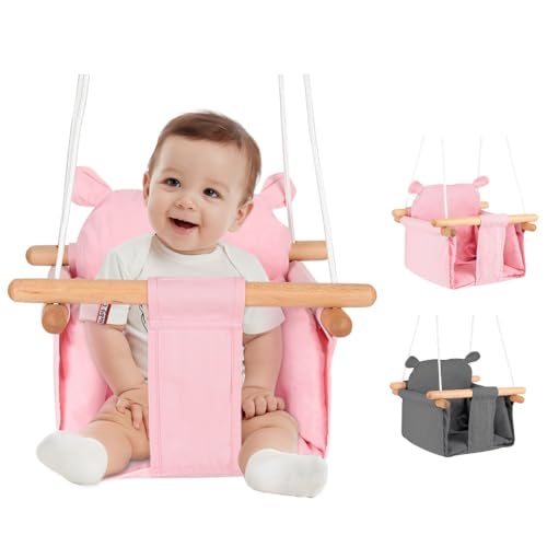 Babyschaukel Kinderschaukel mit Sicherheitsgurt, Karabiner aus Edelstahl, weiches Kissen, zugelassen bis 50 kg, Länge verstellbar, Bären-Motiv, für den Garten (29 x 29 x 31 cm, Rosa) von OHMG