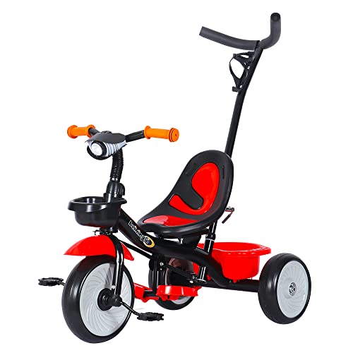 OHMG Kinderkraft 3-in-1-Kinderrad, mitwachsend, Laufrad, skalierbar, Babykinderwagen, Trike Baby, mit faltbarer Sonnenblende und abnehmbaren Pedalen (rot/schwarz) von OHMG