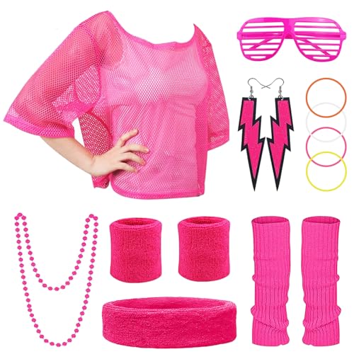 80er Jahre Outfit Damen 14PCS 90er Mottoparty Accessoires Neon Kleidung Kostüm Netzshirt Damen 80er Stirnband Brille Halskette Armband Ohrringe für Retro Thema Party Karneval Fasching Mädchen Frauen von OHSN