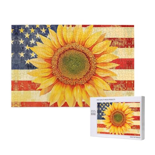 1000 Sonnenblumen-Puzzles mit amerikanischer Flagge, für Erwachsene, herausfordernde Puzzlespiele, perfekt für Spieleabende, komplette Puzzle-Größen von 75 x 50 cm von OIBNKCN