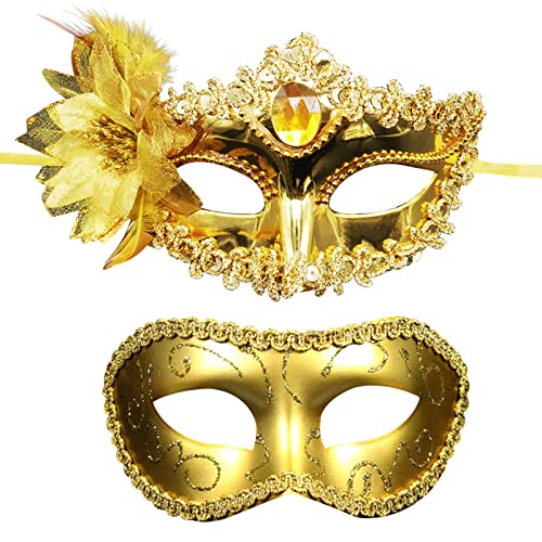 OIDEA 2 Stück Venezianische Maske Blume: Gold Maskerade für Paare mit Lilie Augenmaske Paar Leicht Angenehm zum Ballfest Kostüm Karneval Cosplay Masquerade für Damen Herren von OIDEA