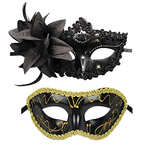 OIDEA 2 Stück Venezianische Maske Blume: Gold Schwarz Maskerade für Paare mit Lilie Augenmaske Paar Leicht Angenehm zum Ballfest Kostüm Karneval Cosplay Masquerade für Damen Herren von OIDEA