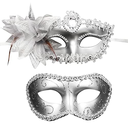 OIDEA 2 Stück Venezianische Maske Blume: Silber Maskerade für Paare mit Lilie Augenmaske Paar Leicht Angenehm zum Ballfest Kostüm Karneval Cosplay Masquerade für Damen Herren von OIDEA