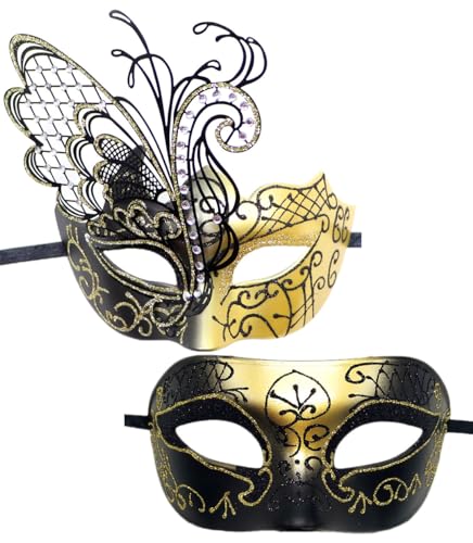 OIDEA Metall Venezianische Maske für Paare: Gold 2 Stück Paar Maskerade mit Sexy Strass Augenmaske für Partner Kostüm Karneval Cosplay Party Masquerade für Damen Herren von OIDEA