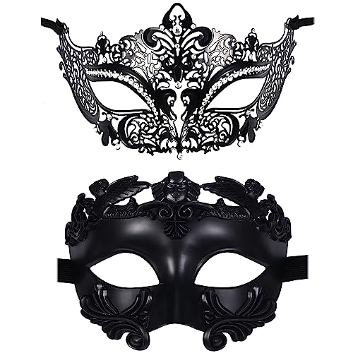 OIDEA Metall Venezianische Masken Paar: Vintage Maske für Pärchen 2PCS Schwarz Römischer Augenmaske mit Strasssteine Maskerade Schmuckset für Kostümball Karneval Fasching Party von OIDEA