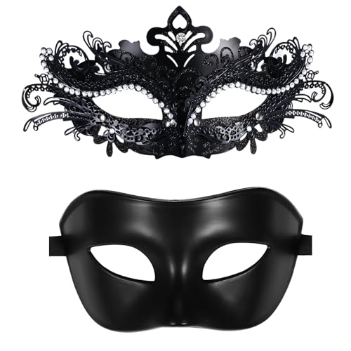 OIDEA Venezianische Metall Maske für Paare: 2 Stück Paar Maskerade mit Sexy Strass Schwarz Augenmaske für Partner Kostüm Karneval Cosplay Party Masquerade für Damen Herren von OIDEA