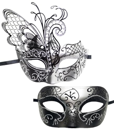 Oidea Masken-Set für Paare, glänzende Strasssteine, Metall, Schmetterlingskostüm, Abschlussball, Party, venezianische Karnevalsmaske, Silber von OIDEA
