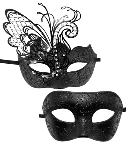 Oidea Masken-Set für Paare, glänzende Strasssteine, Metallmaske, Schmetterlingskostüm, Abschlussball, Party, venezianische Karnevalsmaske, schwarz von OIDEA