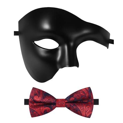 Oidea Maskerade-Maske für Herren: Einfarbige Phantom der Oper, Maske, Kostüm, Party, Maske mit roter Fliege, mattschwarz von OIDEA