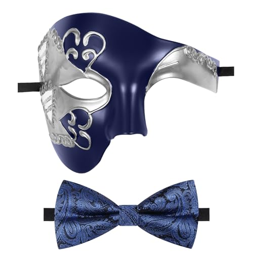 Oidea Maskerade Maske für Herren: Vintage Phantom der Oper Maske Kostüm Abschlussball Halbgesicht Party Maske mit blauer Fliege, Blau Oidea Maskerade Maske für Herren: Vintage Phantom der Oper Maske Kostüm Abschlussball Halbgesicht Party Maske mit blauer Fliege, Blau von OIDEA