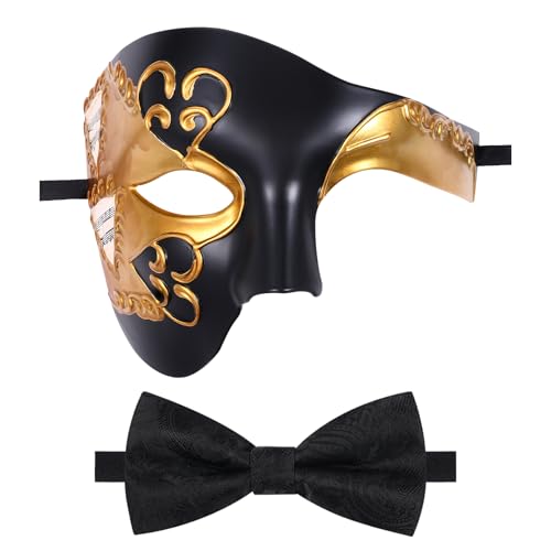 Oidea Maskerade Maske für Herren: Vintage Phantom der Oper Maske Kostüm Prom Half Face Party Maske mit schwarzer Fliege, Gold Oidea Maskerade Maske für Herren: Vintage Phantom der Oper Maske Kostüm Prom Half Face Party Maske mit schwarzer Fliege, Gold von OIDEA