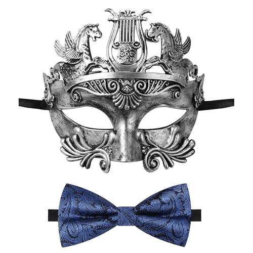 Oidea Maskerade Maske für Männer Retro antiker griechischer römischer Soldat Phantom der Oper Maske mit blauer Fliege, Silber Oidea Maskerade Maske für Männer Retro antiker griechischer römischer Soldat Phantom der Oper Maske mit blauer Fliege, Silber von OIDEA