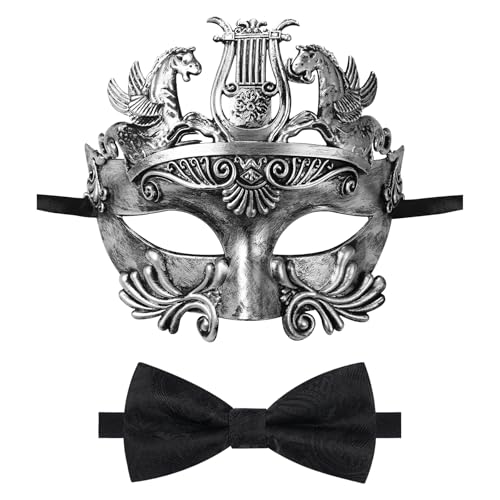 Oidea Maskerade Maske für Männer Retro antiker griechischer römischer Soldat Phantom der Oper Maske mit schwarzer Fliege, Silber Oidea Maskerade Maske für Männer Retro antiker griechischer römischer Soldat Phantom der Oper Maske mit schwarzer Fliege, Silber von OIDEA