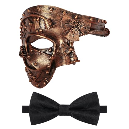 Oidea Maskerade Maske für Männer Steampunk Mechanische Cyborg Phantom der Oper Maske Party Maske mit schwarzer Fliege, Gold Oidea Maskerade Maske für Männer Steampunk Mechanische Cyborg Phantom der Oper Maske Party Maske mit schwarzer Fliege, Gold von OIDEA