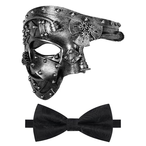 Oidea Maskerade Maske für Männer Steampunk Mechanische Cyborg Phantom der Oper Maske Party Maske mit schwarzer Fliege, Silber Oidea Maskerade Maske für Männer Steampunk Mechanische Cyborg Phantom der Oper Maske Party Maske mit schwarzer Fliege, Silber von OIDEA