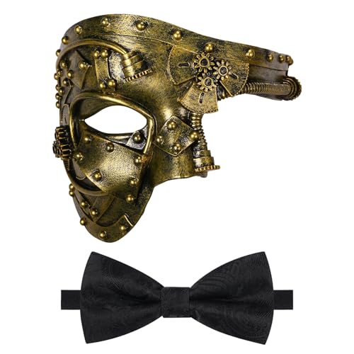 Oidea Maskerade Maske für Männer Steampunk Mechanische Cyborg Phantom der Oper Maske mit schwarzer Fliege, Antikgold Oidea Maskerade Maske für Männer Steampunk Mechanische Cyborg Phantom der Oper Maske mit schwarzer Fliege, Antikgold von OIDEA