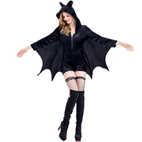 OIOYLEY Damen Schwarz Fledermaus Reißverschluss Hoodie Halloween Kostüm für Erwachsene, Fledermaus Kostüm Damen Faschingskostüme, Halloween Fledermaus Kostüm Damen Halloween Kostüm Cosplay Kostüm von OIOYLEY