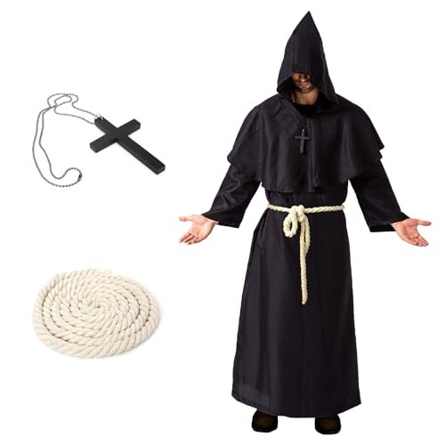 OIOYLEY Mönch Robe Kostüm, Mönch Priester Gewand Kostüm mit Kapuze, Mittelalterliche Kapuze Herren Mönchskutte, Halloween Kostüm Herren, Renaissance Priester Robe Halloween Cosplay (Schwarz, L) von OIOYLEY