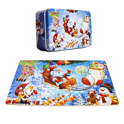 OJIN 60 Stücke Holz Puzzle Frohe Weihnachten Weihnachten Weihnachtsmann Frühen Kinder Entwicklung Puzzle Holz Cartoon Spielzeug mit Metall Aufbewahrungsbox für Jungen & Mädchen (60 Pieces) von Oostifun