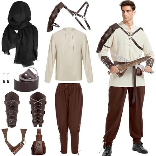 Herren Renaissance-Kostüm, mittelalterliches Piratenkostüm, Set mit Hemd, Hose, Gürtel, Schulterpanzer, Tasche, Armschiene, Schwert, Tasche, für Halloween, Cosplay, Outfit, Zubehör, Größe M Herren Renaissance-Kostüm, mittelalterliches Piratenkostüm, Set mit Hemd, Hose, Gürtel, Schulterpanzer, Tasche, Armschiene, Schwert, Tasche, für Halloween, Cosplay, Outfit, Zubehör, Größe M von OJMHD