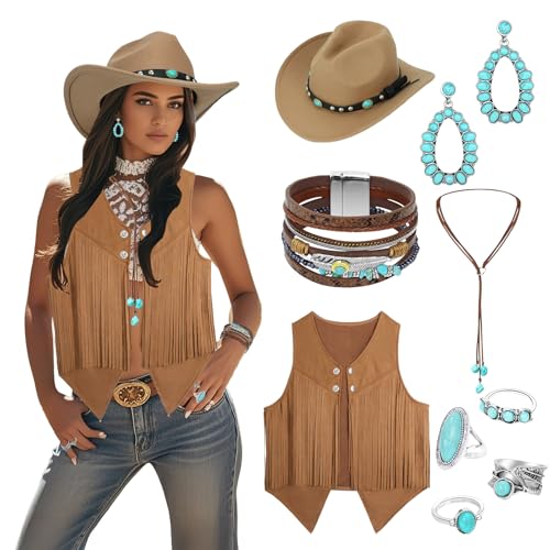 OJMHD Cowgirl-Outfits für Damen, Western-Kostüm-Zubehör mit Quaste, Weste, Cowboyhut, Türkis, Halskette, Armbänder, Ring für Halloween, Cosplay, Hippie-Party (Braun, M) von OJMHD