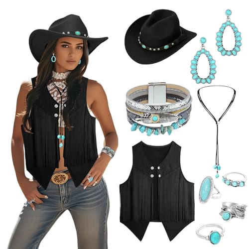 OJMHD Cowgirl-Outfits für Damen, Western-Kostüm-Zubehör mit Quaste, Weste, Cowboyhut, Türkis, Halskette, Armbänder, Ring für Halloween, Cosplay, Hippie-Party (Schwarz, L) von OJMHD