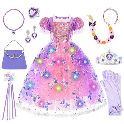 OJMHD Prinzessinnen-Kostüm für Mädchen, leuchtendes Prinzessinnenkleid mit Zauberstab, Krone, Tasche, Halskette, Ärmelbündchen, violettes Kostüm für Kinder, Kleinkind, Halloween, Geburtstag, Party von OJMHD