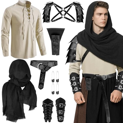 OJMHD Renaissance-Kostüm-Set für Herren, mittelalterliches Piratenritter-Shirt, Wikinger-Schal, Halbrund, Umhang, Schal, Schnalle, Armschienen, Retro-Schwert, Frosch, für Halloween, Cosplay, Zubehör OJMHD Renaissance-Kostüm-Set für Herren, mittelalterliches Piratenritter-Shirt, Wikinger-Schal, Halbrund, Umhang, Schal, Schnalle, Armschienen, Retro-Schwert, Frosch, für Halloween, Cosplay, Zubehör von OJMHD