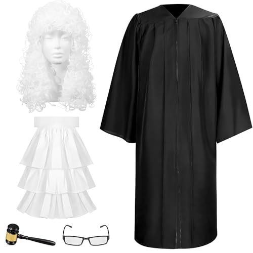 OJMHD Richter-Kostüm-Zubehör, schwarzer Richtermantel mit Perücke, falscher Kragen, Brille für Rollenspiele, Halloween, Cosplay, Mottoparty, 5 Stück von OJMHD