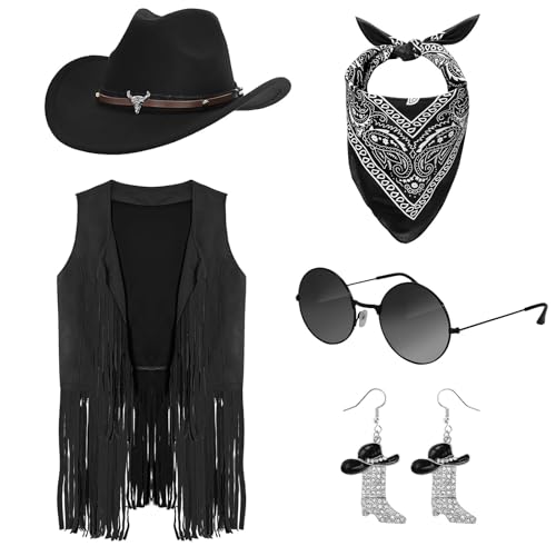 OJMHD Western-Outfits für Damen, Cowgirl-Kostüm-Zubehör mit Quasten, Weste, Hut, Ohrring, Hippie-Brille, Bandana für Halloween, Cosplay (Schwarz, L) von OJMHD