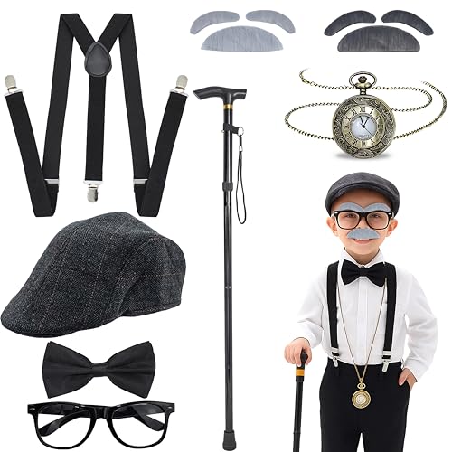 Old Man Kostüm Set, Opa Cosplay Zubehör mit Hut Brille Schnurrbart Hosenträger Krawattenstange Uhr für 100 Tage Schule Party Halloween Dress Up von OJMHD