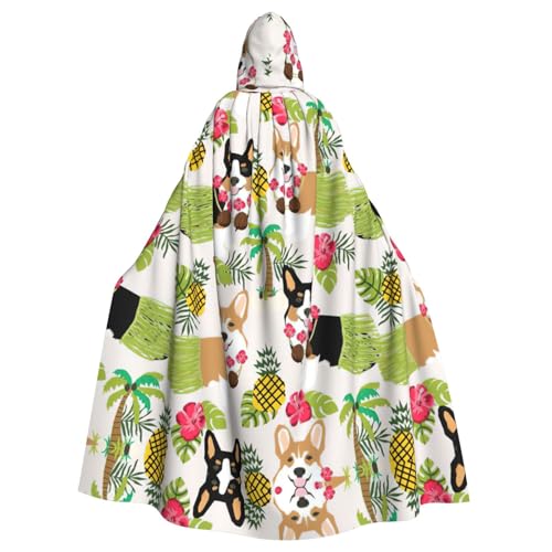 OKFSTY Corgi Hawaiianischer tropischer Sommer-Ananas-Druck, Erwachsenen-Halloween-Umhang, großer Kapuzenumhang, 140 cm Länge, geeignet für Maskerade-Kostüme, Comic-Con von OKFSTY