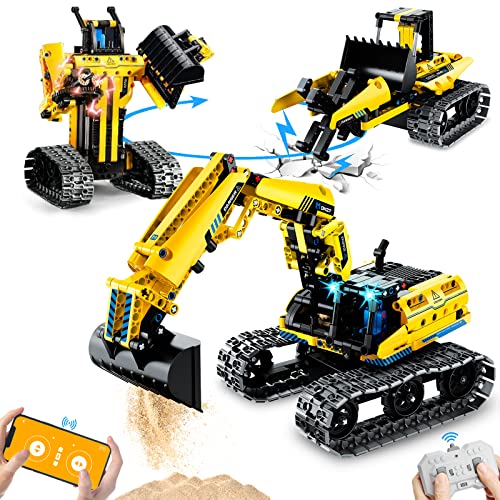 OKKIDY 3 in 1 RC Bagger Roboter Konstruktionsspielzeug Auto, 430 Stück Technik Fernsteuerung Gebäude Spielzeug für Kinder, STEM Baukästen Spielzeug Geschenke für 6 7 8 9 10 11 12+ Jahr Jungen Mädchen von OKKIDY