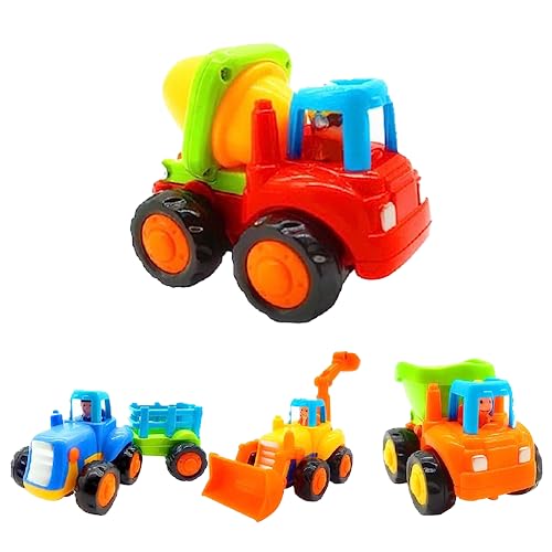 OKKIDY 4-teiliges Traktor-, Bulldozer-, Betonmischer-LKW-Spielzeugset für 1-3-jährige Jungen. Schiebe-und-Los-Spielzeug-Baufahrzeuge für Babys ab 18 Monaten. Kipplaster als Kleinkind-Geschenk von OKKIDY