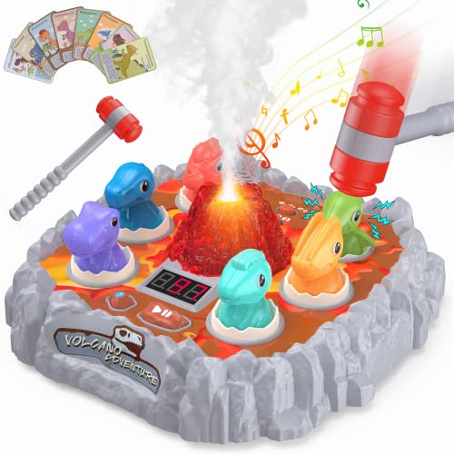 OKKIDY Whack Spiel,Klopf das Maulwurfspiel für Kinder 3-8 Jahre - Interaktives Dinosaurierspielzeug mit 2 Klopfhämmern, 8 Lernkarten, Feuer- und Soundeffekte - Hämmer-Spielzeug von OKKIDY