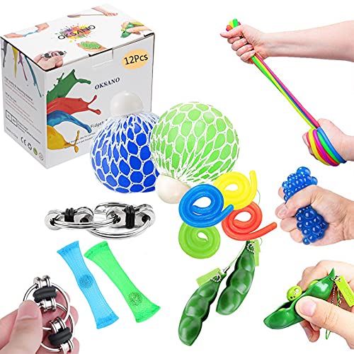 OKSANO anti stress spielzeug 12Stück, Squeeze Spielzeug für Kinder Erwachsene fidget toys for ADHS, stressball, Flippy Chain, Stretch Strings, Sojabohnen Stresstoys, Twisting Toys, Stress Relief Strap von OKSANO