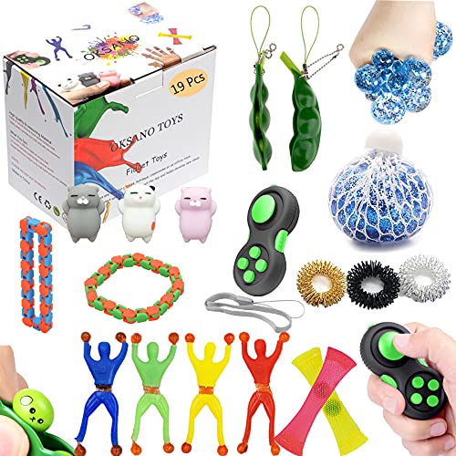 OKSANO Fidget Set, 19 Pack Gegen Angstzustände Stressabbau für Kinder und Erwachsene, Sojabohnen Squeeze Stress-Bälle Murmelnetz Squishy Mochi Twisting Spielzeug von OKSANO