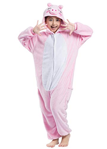 Pyjamas Kigurumi Jumpsuit Onesie Mädchen Junge Kinder Tier Karton Halloween Kostüm Sleepsuit Overall Unisex Schlafanzug Winter, Rosa Schwein von OKWIN