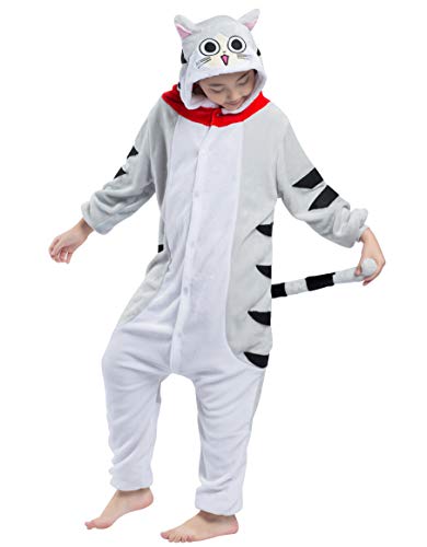 Pyjamas Kigurumi Jumpsuit Onesie Mädchen Junge Kinder Tier Karton Halloween Kostüm Sleepsuit Overall Unisex Schlafanzug Winter, Tabby Katze von OKWIN